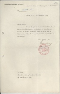 [Oficio] N° 01626-1173, 1948 jun. 7, Nueva York, [EE.UU.] [al] Señor Cónsul de Chile, Gabriela Mistral, Santa Bárbara, Cal., [EE.UU.]