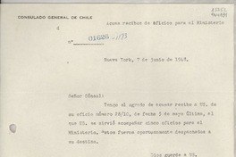 [Oficio] N° 01626-1173, 1948 jun. 7, Nueva York, [EE.UU.] [al] Señor Cónsul de Chile, Gabriela Mistral, Santa Bárbara, Cal., [EE.UU.]