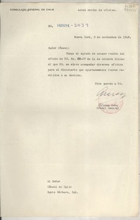 Circular N° 02894-2037, 1948 nov. 9, Nueva York, [EE.UU.] [al] Señor Cónsul de Chile, Santa Bárbara, Cal., [EE.UU.]