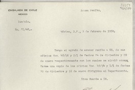 [Oficio] N° 8148, 1950 feb. 2, México, D.F., México [a la] Señorita, Gabriela Mistral, Cónsul de Chile en Comisión, Jalapa, Ver., [México]