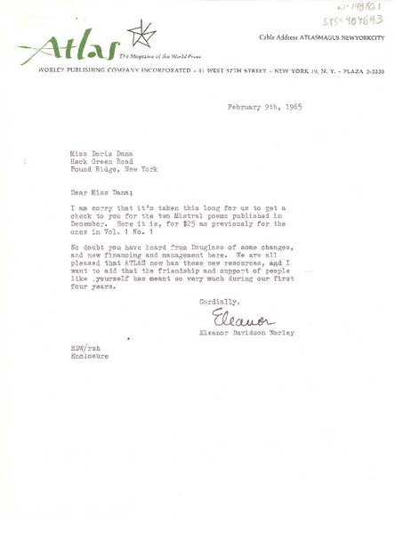 [Carta] 1965 feb. 9, New York, [Estados Unidos] [a] Doris Dana, New York, [Estados Unidos]