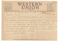[Telegrama] 1946 nov. 12, Los Angeles, Calif., [Estados Unidos] [a] Gabriela Mistral, Monrovia, Calif.