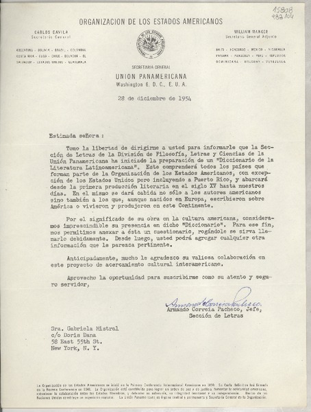 [Carta] 1954 dic. 28, Washington 6, D. C., E. U. A. [a la] Sra. Gabriela Mistral, co Doris Dana, 58 East 55th St., New York, N.Y., [EE.UU.]