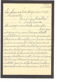 [Carta] 1947 mayo 2, La Serena, [Chile] [a] Gabriela Mistral, Califoinas [sic], [Estados Unidos]