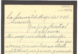 [Carta] 1947 mayo 2, La Serena, [Chile] [a] Gabriela Mistral, Califoinas [sic], [Estados Unidos]
