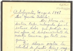 [Carta] 1947 mayo, Antofagasta, [Chile] [a] Gabriela [Mistral]