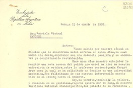 [Carta] 1952 ene. 23, Roma, [Italia] [a] Gabriela Mistral, Nápoles