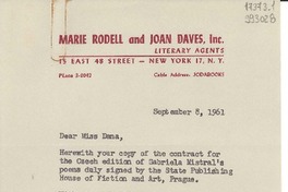 [Carta] 1961 Sept. 8, [New York, Estados Unidos] [a] Miss Doris Dana