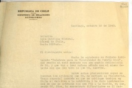 [Carta] 1948 oct. 22, Santiago [a] Gabriela Mistral, Cónsul de Chile, Santa Bárbara