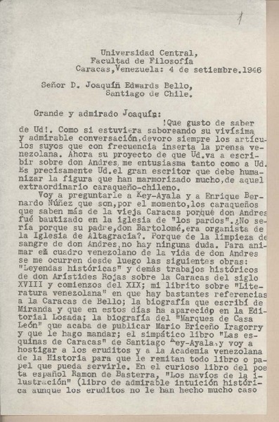 [Carta] 1946 septiembre 4, Caracas, Venezuela [a] Joaquín Edwards Bello