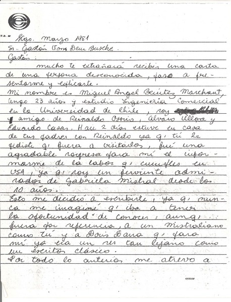 [Carta] 1981 marzo, Santiago, Chile [a] Gastón von dem Bussche, [New York]