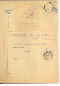 [Telegrama] 1943 sep. 10, Santiago, Chile [a] [Raúl] Cáceres, Viña del Mar, Chile