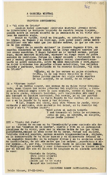 A Gabriela Mistral: Tríptico sentimental A Gabriela Mistral: Tríptico sentimental