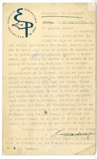 [Carta] 1954 septiembre 6, Santiago, Chile [a] Pedro Olmos  [manuscrito] Ernesto Montenegro.
