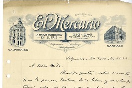 [Carta] 1912 noviembre 20, Valparaíso, Chile [a] Pedro Prado  [manuscrito] Ernesto Montenegro.