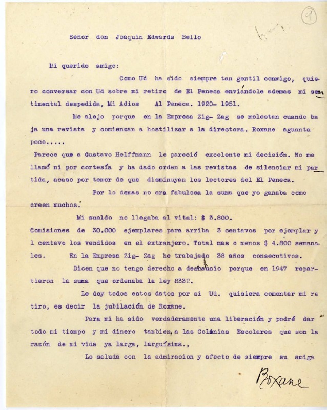 [Carta] [1951] Santiago, Chile [a] Joaquín Edwards Bello  [manuscrito] Elvira Santa Cruz Ossa (Roxane).