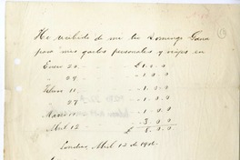 [Recibo] 1906 abril 12, Londres, Inglaterra, [Chile] [a] Domingo Gana  [manuscrito] Joaquín Edwards Bello.