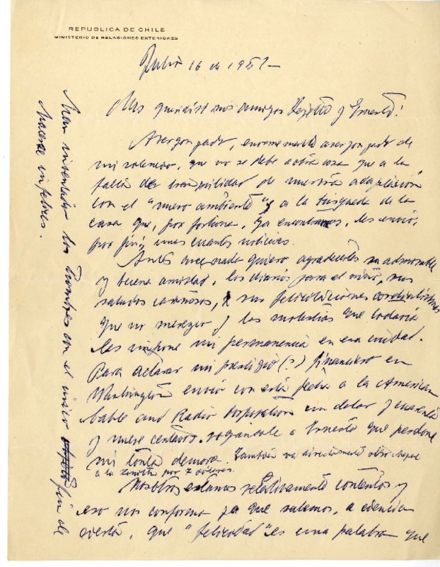 [Carta] 1951 julio 16, España [a sus amigos Eugenio y Ernesto]  [manuscrito] Juan Guzmán Cruchaga.