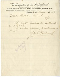 [Carta] 1914 enero 6, Iquique, Chile [a] Biblioteca Nacional de Chile  [manuscrito] Luis Emilio Recabarren.