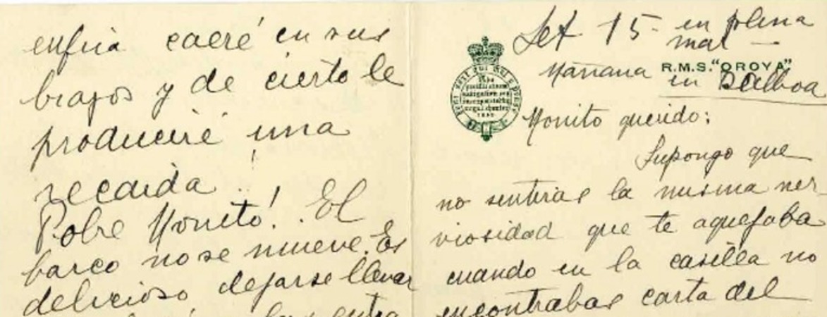 [Carta] 1926 septiembre 15, A bordo del "Oroya" en el mar Atlántico [a una amiga "Monito"]  [manuscrito] Elvira Santa Cruz Ossa (Roxane).