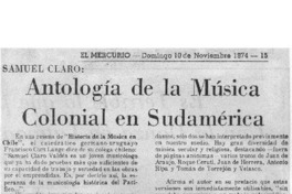 Antología de la Música colonial en Sudamérica Samuel Claro. Antología de la Música colonial en Sudamérica Samuel Claro.