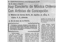 Hoy concierto de Música Chilena con Artistas de Concepción En la sala Isidora Zegers Hoy concierto de Música Chilena con Artistas de Concepción En la sala Isidora Zegers
