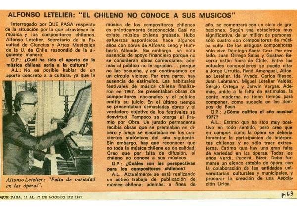 Alfonso Letelier: el chileno no conoce a sus músicos. Alfonso Letelier: el chileno no conoce a sus músicos.