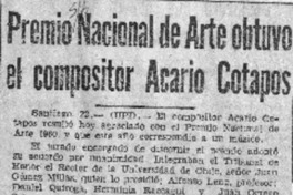 Premio Nacional de Arte obtuvo el compositor Acario Cotapos Premio Nacional de Arte obtuvo el compositor Acario Cotapos