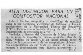 Alta distinción para un compositor nacional Roberto Escobar Alta distinción para un compositor nacional Roberto Escobar