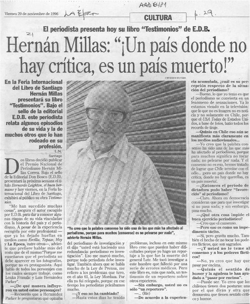 Hernán Millas, "Un país donde no hay crítica, es un país muerto"  [artículo] L. N.