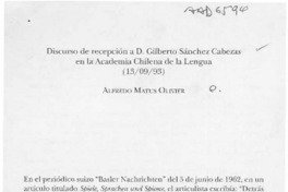 Discurso de recepción a D. Gilberto Sánchez Cabezas en la academia Chilena de la Lengua  [artículo] Alfredo Matus Olivier.