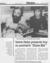 Jaime Hales presenta hoy su poemario "Dulce mía"  [artículo].