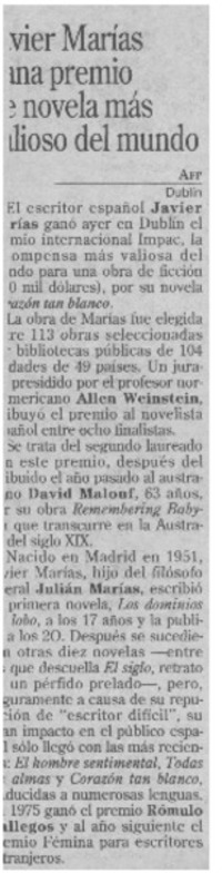 Javier Marías gana premio de novela más valioso del mundo