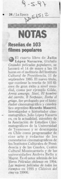 Reseñas de 103 filmes populares.  [artículo]