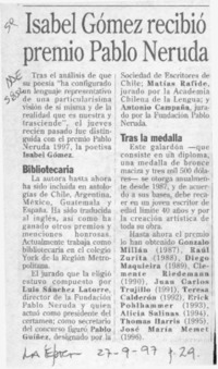 Isabel Gómez recibió premio Pablo Neruda  [artículo].