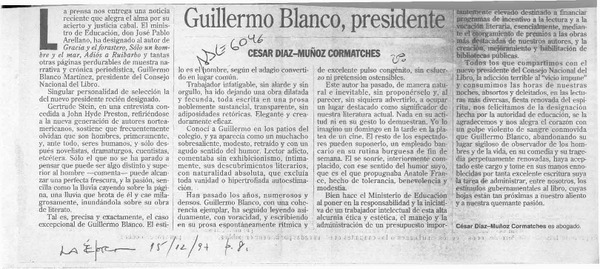 Guillermo Blanco, presidente  [artículo] César Díaz-Muñoz Cormatches.