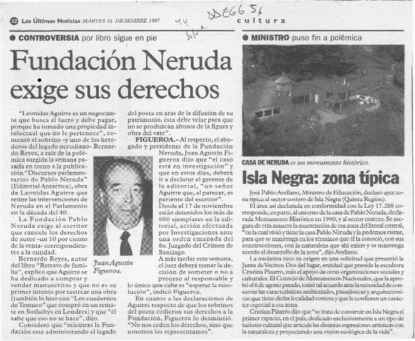 Fundación Neruda exige sus derechos  [artículo].