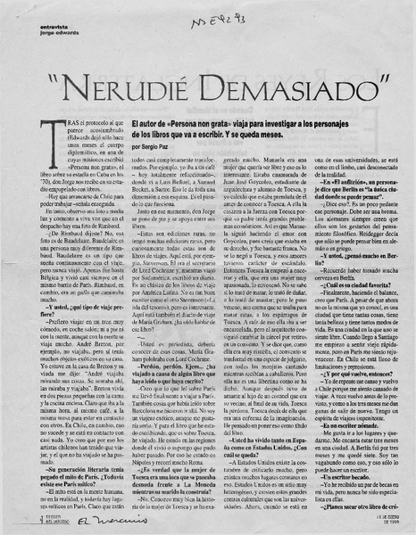 "Nerudié demasiado"  [artículo]Sergio Paz.