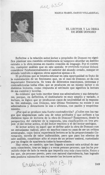 El lector y la obra de José Donoso  [artículo] María Isabel Sáenz-Villarreal.