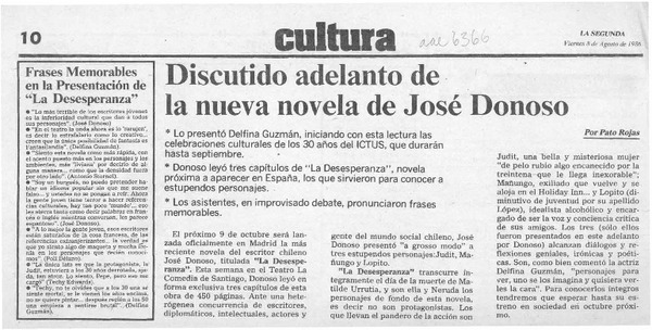Discutido adelanto de la nueva novela de José Donoso  [artículo] Pato Rojas.