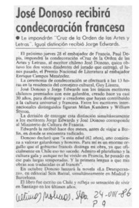 José Donoso recibirá condecoración francesa  [artículo].