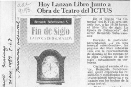 Hoy lanzan libro junto a obra de teatro del ICTUS  [artículo].