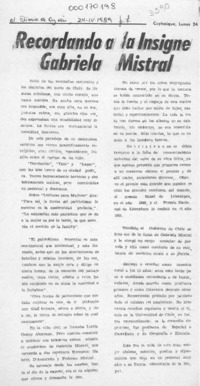 Recordando a la insigne Gabriela Mistral  [artículo].