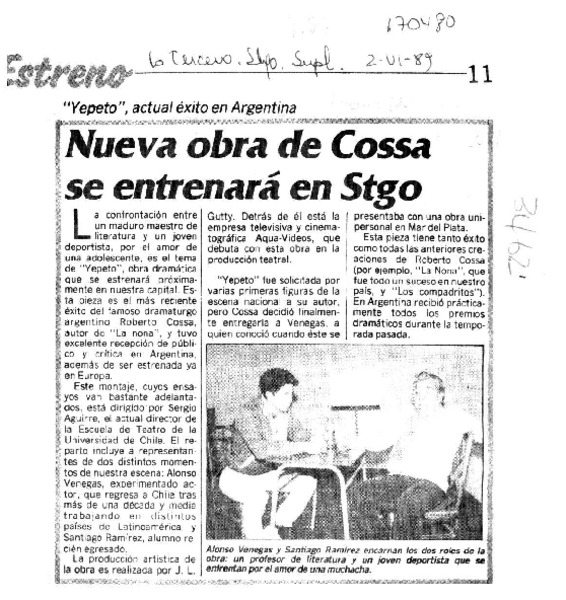 Nueva obra de Cossa se estrenará en Stgo  [artículo].