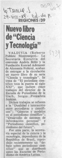 Nuevo libro de "Ciencia y tecnología"  [artículo] Roberto Poblete Montenegro.