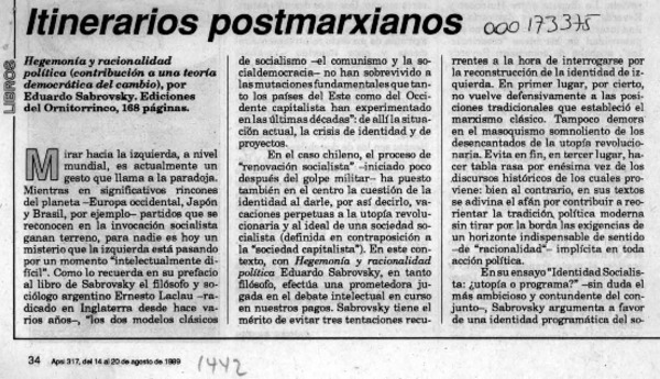 Itinerarios postmarxianos  [artículo] A. A.