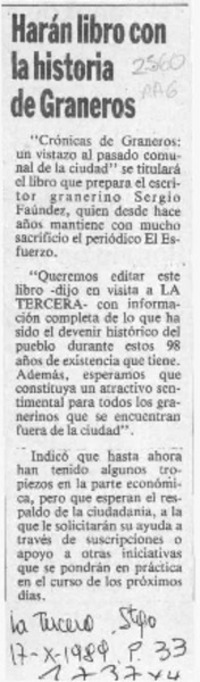 Harán libro con la historia de Graneros  [artículo].