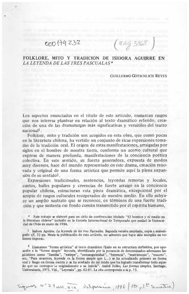Folklore, mito y tradición de Isidora Aguirre en "La leyenda de las tres Pascualas"  [artículo] Guillermo Gotschlich Reyes.