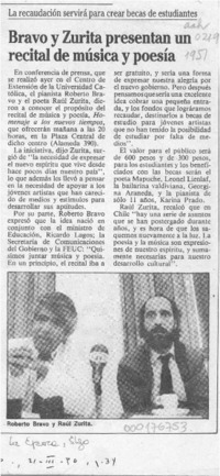 Bravo y Zurita presentan un recital de música y poesía  [artículo].