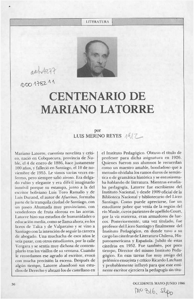 Centenario de Mariano Latorre  [artículo] Luis Merino Reyes.